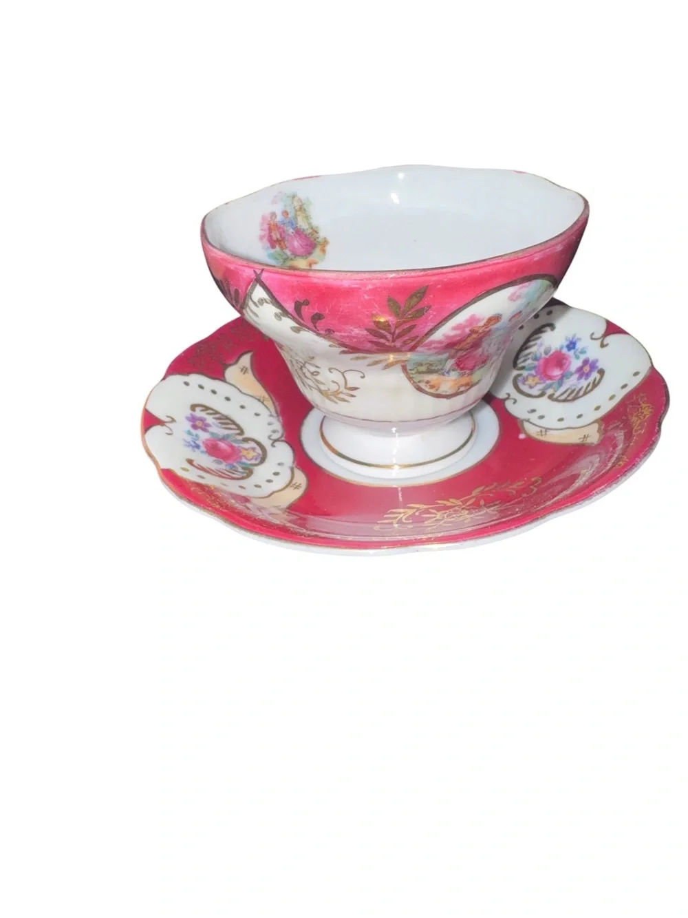 Vintage Japanese Geisha Girl Footed Teacup & Saucer Red Gold Floral